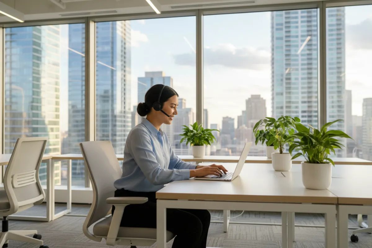 A friendly support agent sits at a modern desk with a headset, typing on a laptop. The office has large windows, indoor plants, and a cityscape view, creating a welcoming and professional atmosphere.