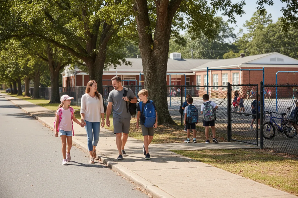 Family walking past a West Cobb schoolyard with kids and backpacks, highlighting school-community connection near Harrison and Hillgrove.