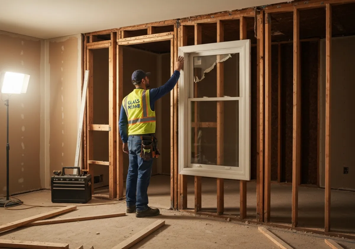 A messy window replacement project showing torn drywall and framing debris