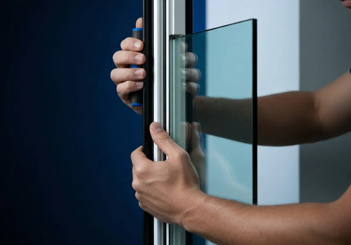 A Glass Rehab technician precisely installing a new insulated glass unit into an existing pristine frame