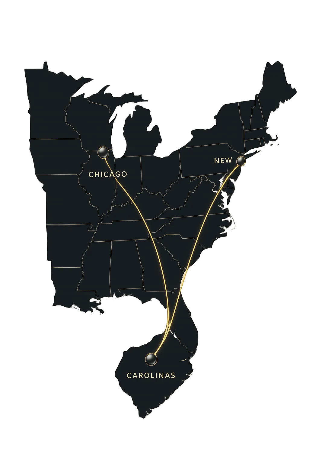 Strategic relocation migration map showcasing inbound luxury buyer pools from New York, Chicago, and DC