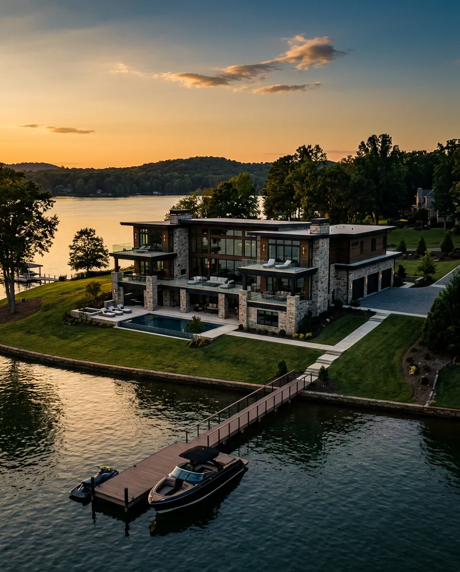Exquisite luxury waterfront home in Charlotte Lake Norman with sunlit architectural details