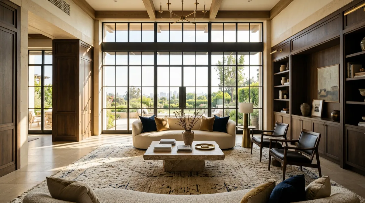 Sunlit architectural interior of a multi-million dollar Charlotte luxury home with custom millwork, soaring ceilings, and warm limestone finishes