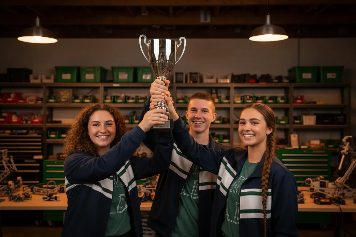 High school robotics team celebrating their victory