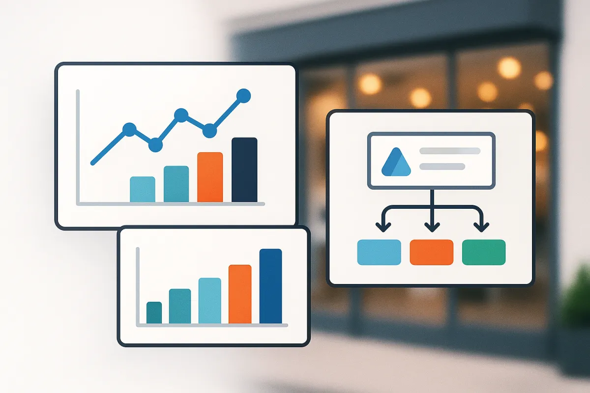 Stylized case study composition of ad performance charts, campaign structure diagram, and a blurred storefront hero image.