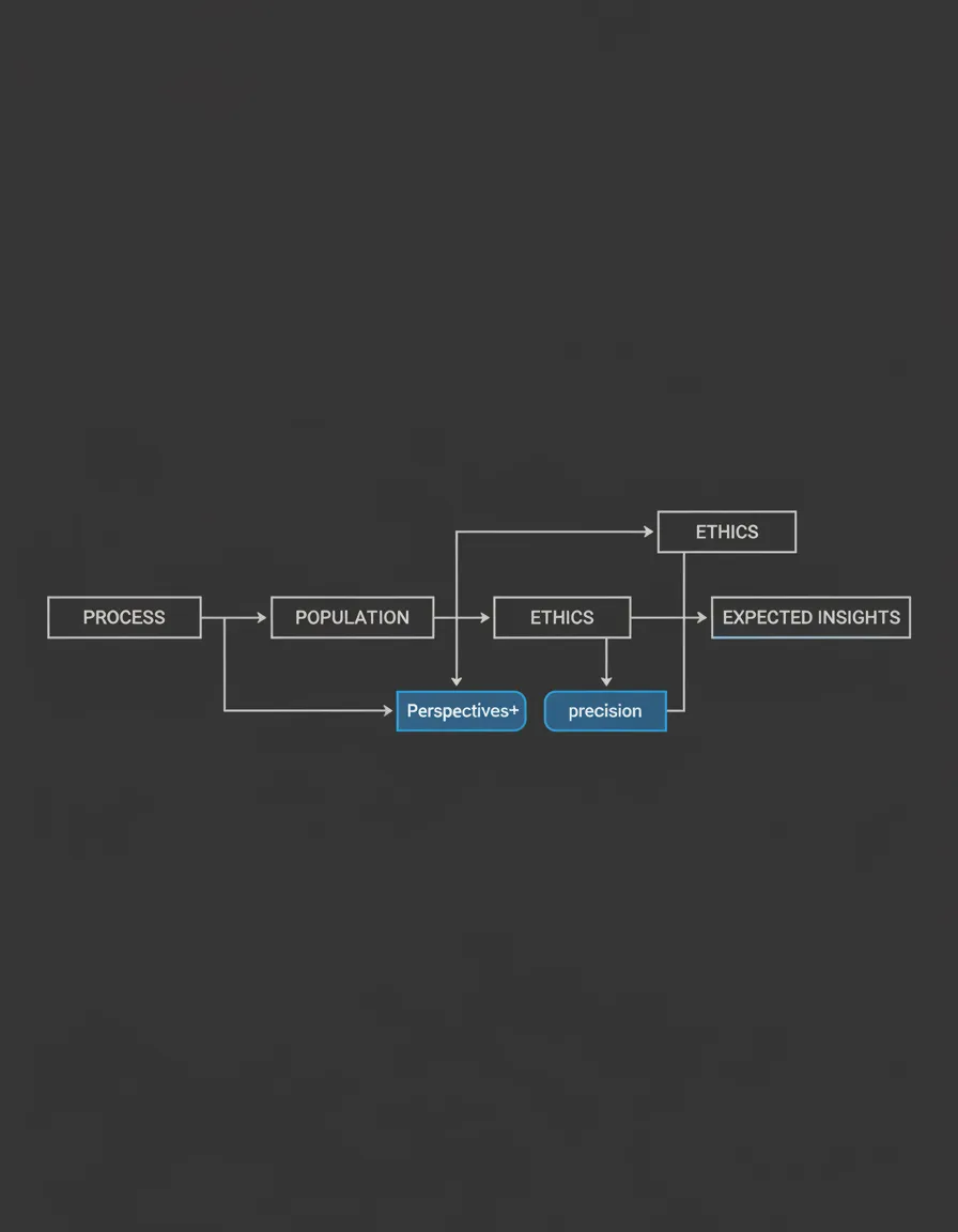 Abstract academic diagram representing population, ethics, and expected insights
