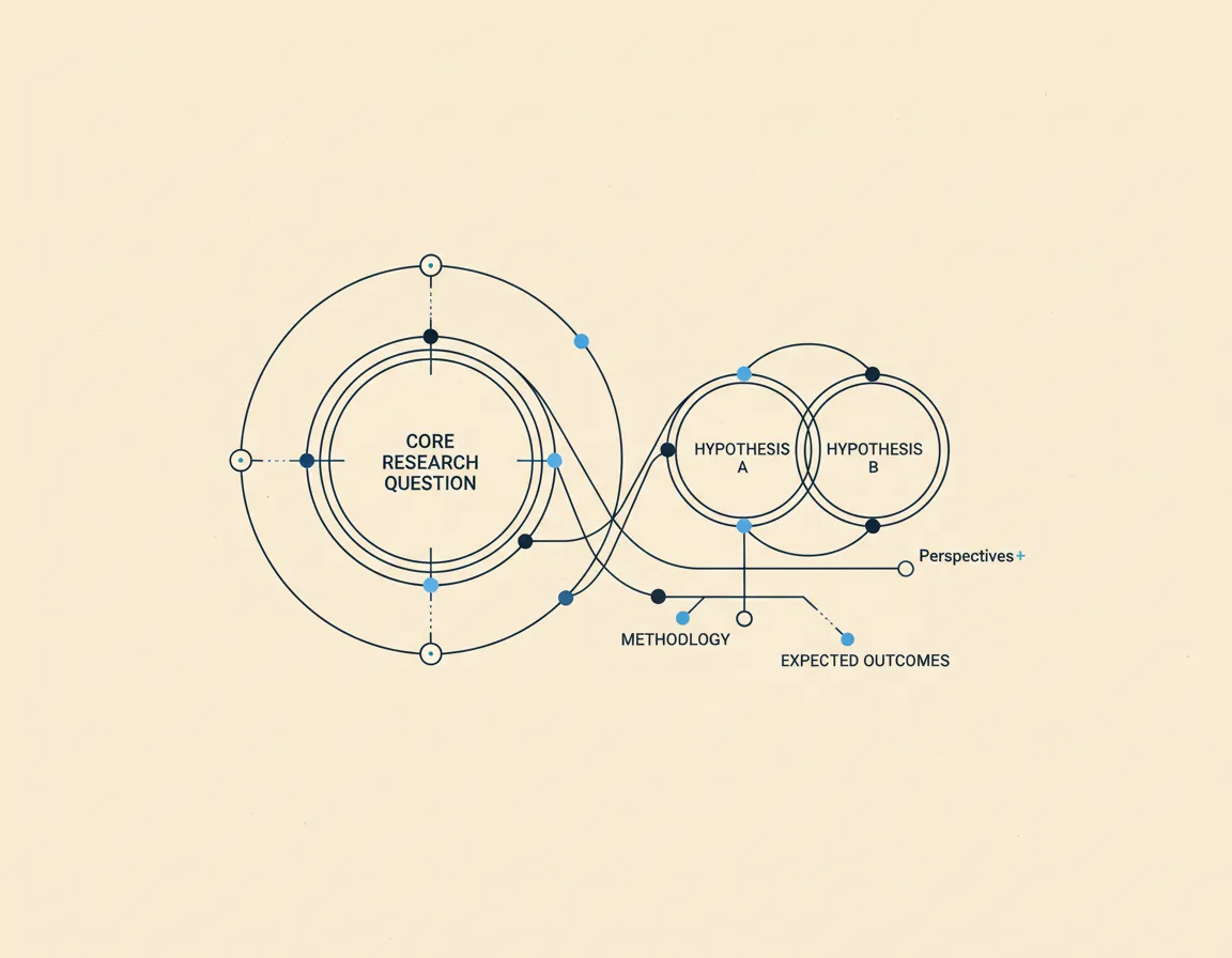 Abstract blueprint diagram representing research question and hypothesis framing
