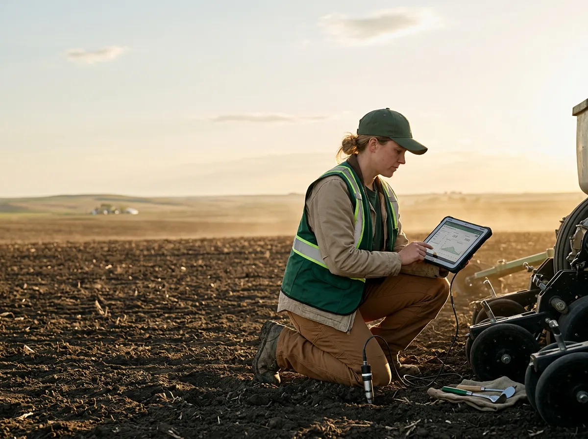Agronomic field technician reviewing precision soil test data and moisture probe monitors beside planting equipment
