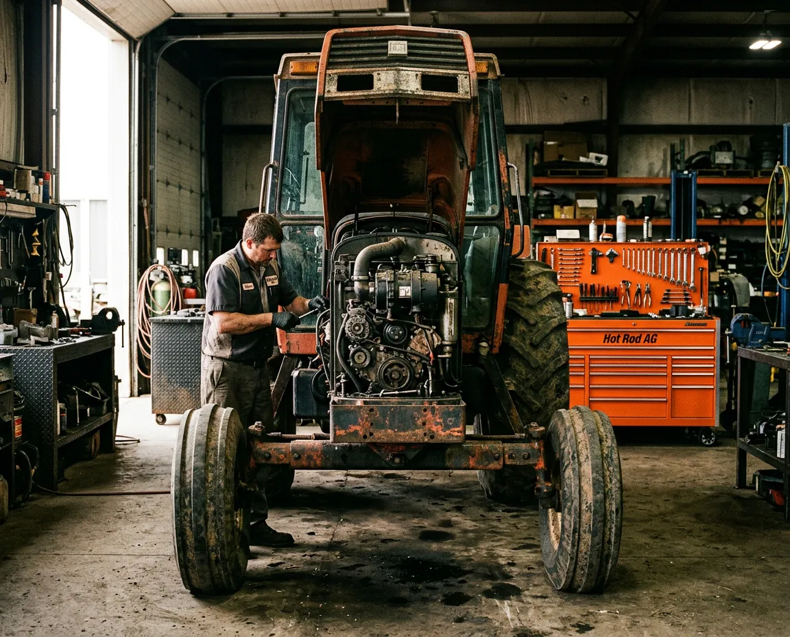 Heavy agricultural tractor in shop bay undergoing engine diagnostics and mechanical service at Hot Rod AG Repair