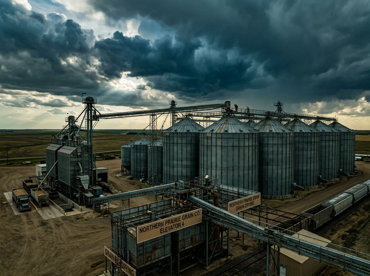 Commercial farm grain storage facility with aerated bins and drying infrastructure under vast open sky