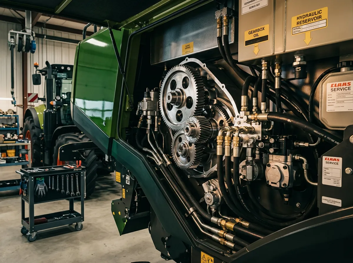 Modern high-capacity agricultural combines and tractors serviced in clean maintenance workshop