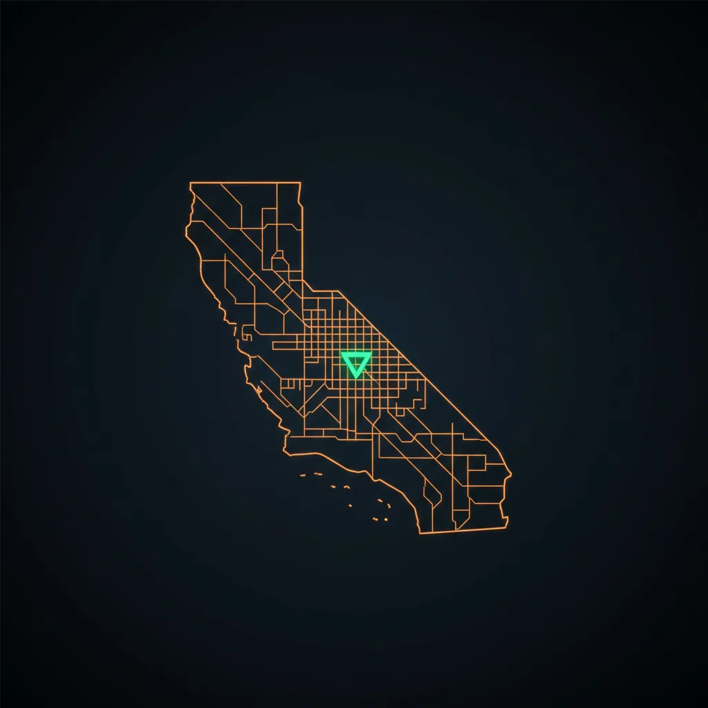Stylized dark-mode neon-lit map of Los Angeles