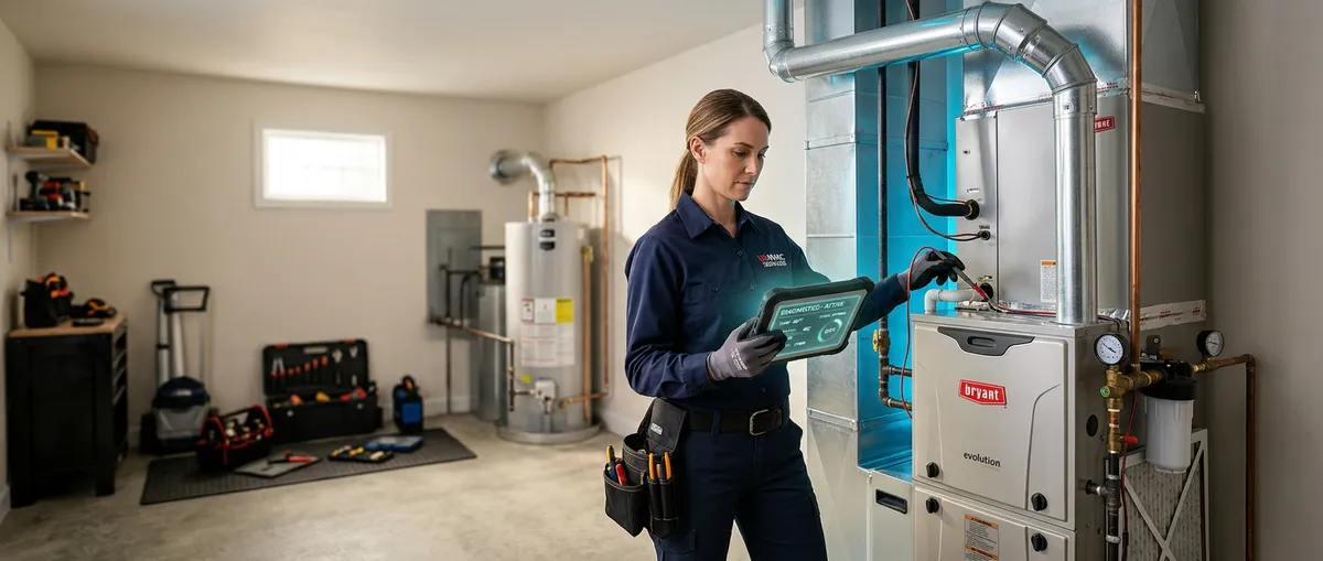 Professional HVAC technician inspecting high-efficiency climate system with diagnostics tablet in a residential utility room