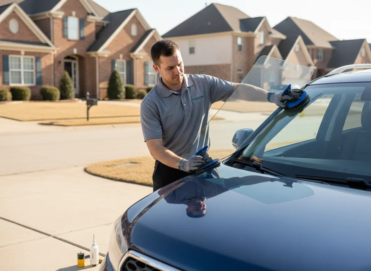 Technician replacing a cracked windshield on a car in Atlanta