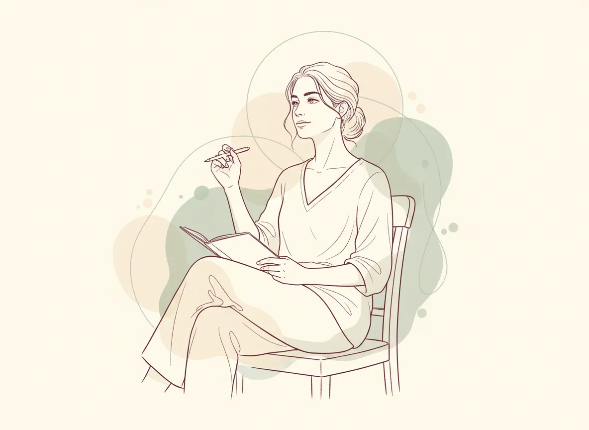 Soft line drawing of thoughtful woman with notebook, surrounded by calm abstract shapes
