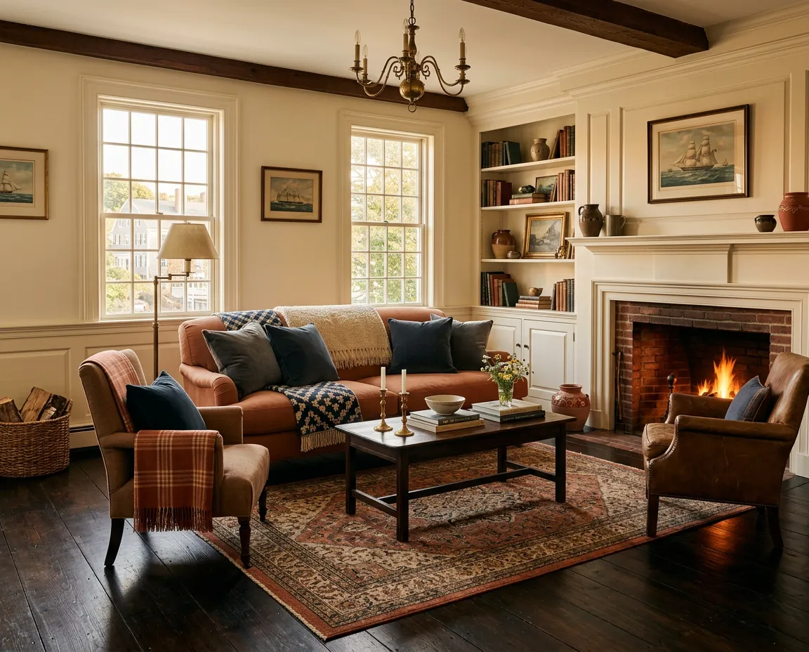 Impeccably staged historic Portsmouth home living room bathed in golden afternoon light
