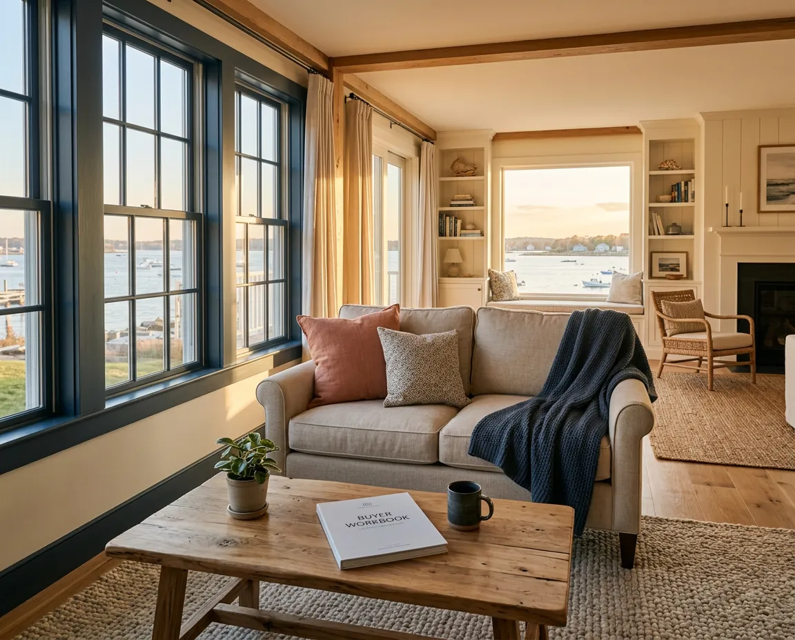 Warm sunlight washing across a welcoming coastal Portsmouth home interior with buyer workbook on table