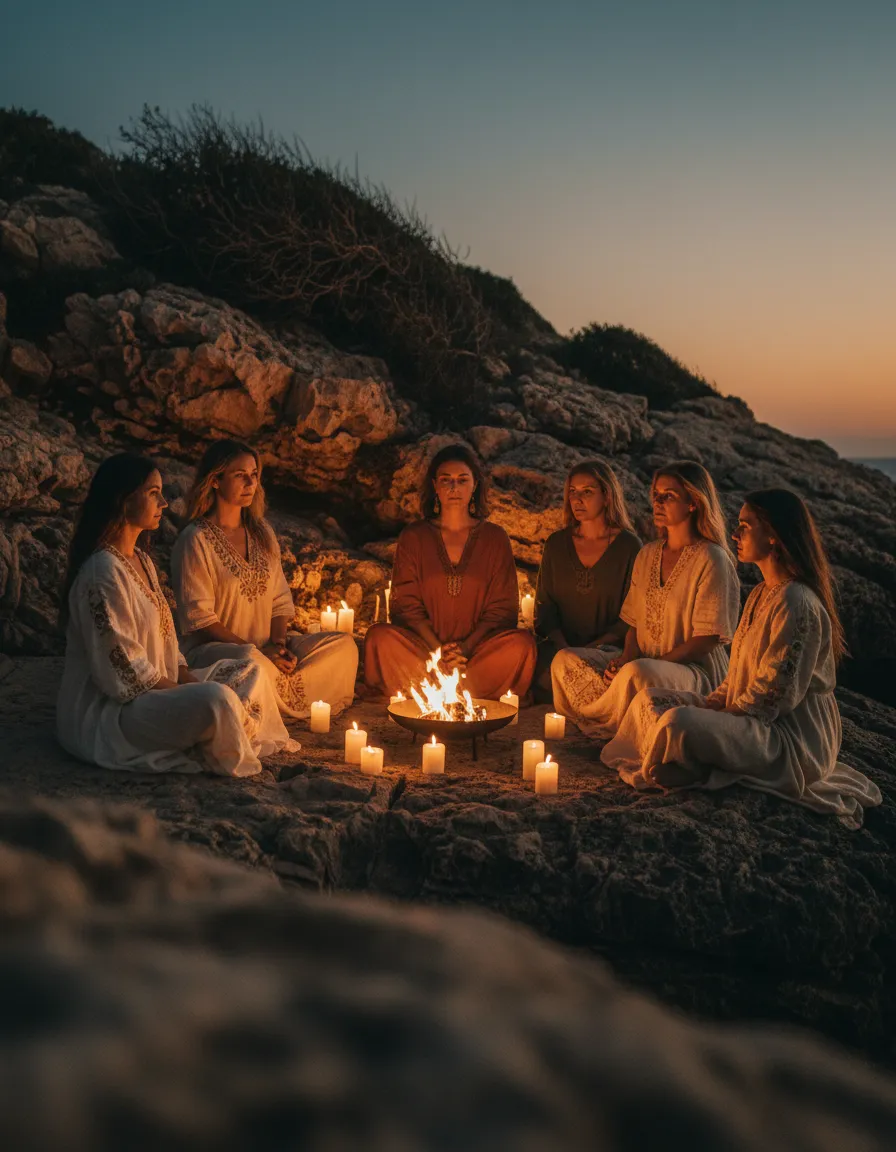 Women seated in a retreat circle by candlelight at evening
