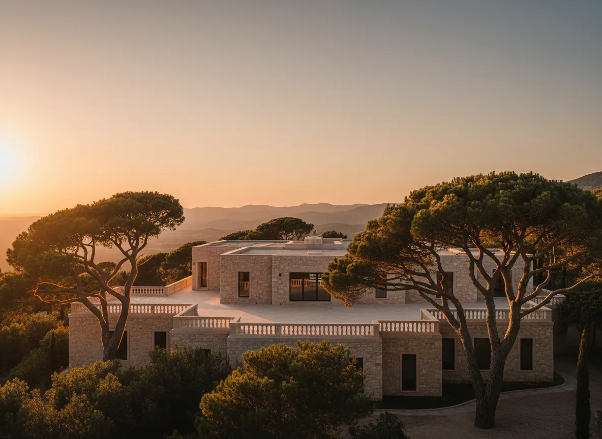 Mountain or coastal retreat venue in soft golden-hour light
