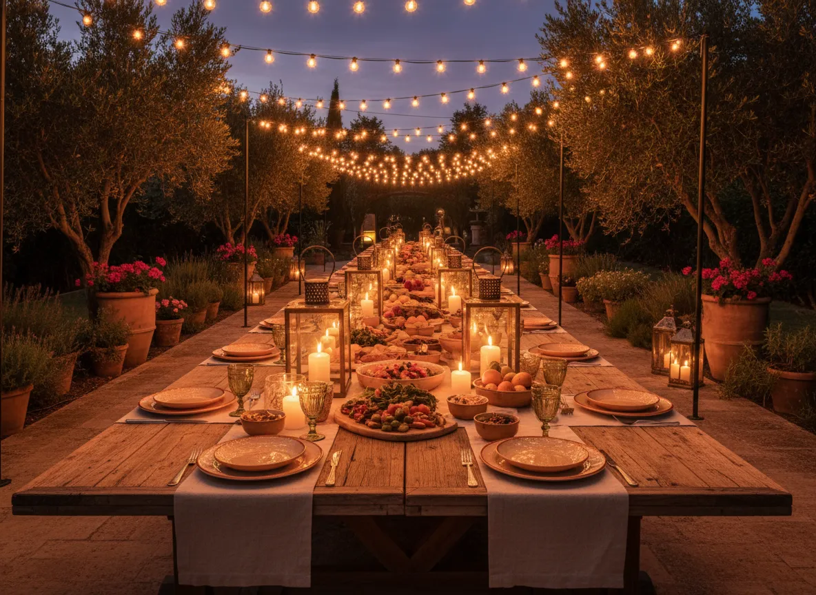 Long retreat dinner table with candles and food at evening