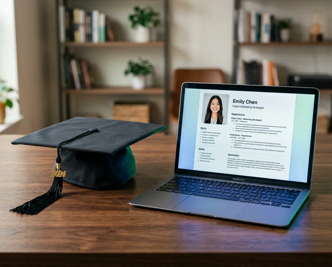 Graduation cap beside an open laptop displaying a professional career profile on a modern wooden desk