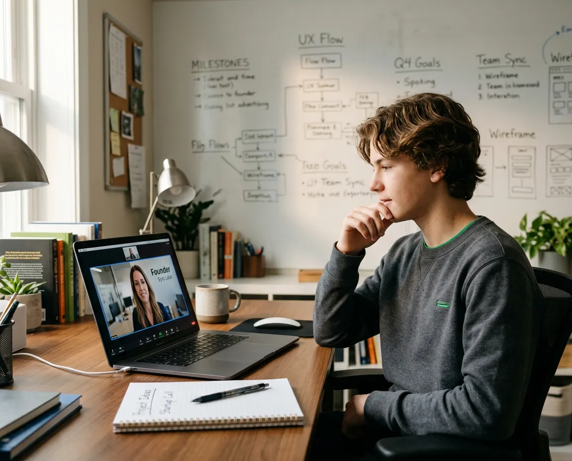 A high school student at a desk on a video call with a startup founder mentor