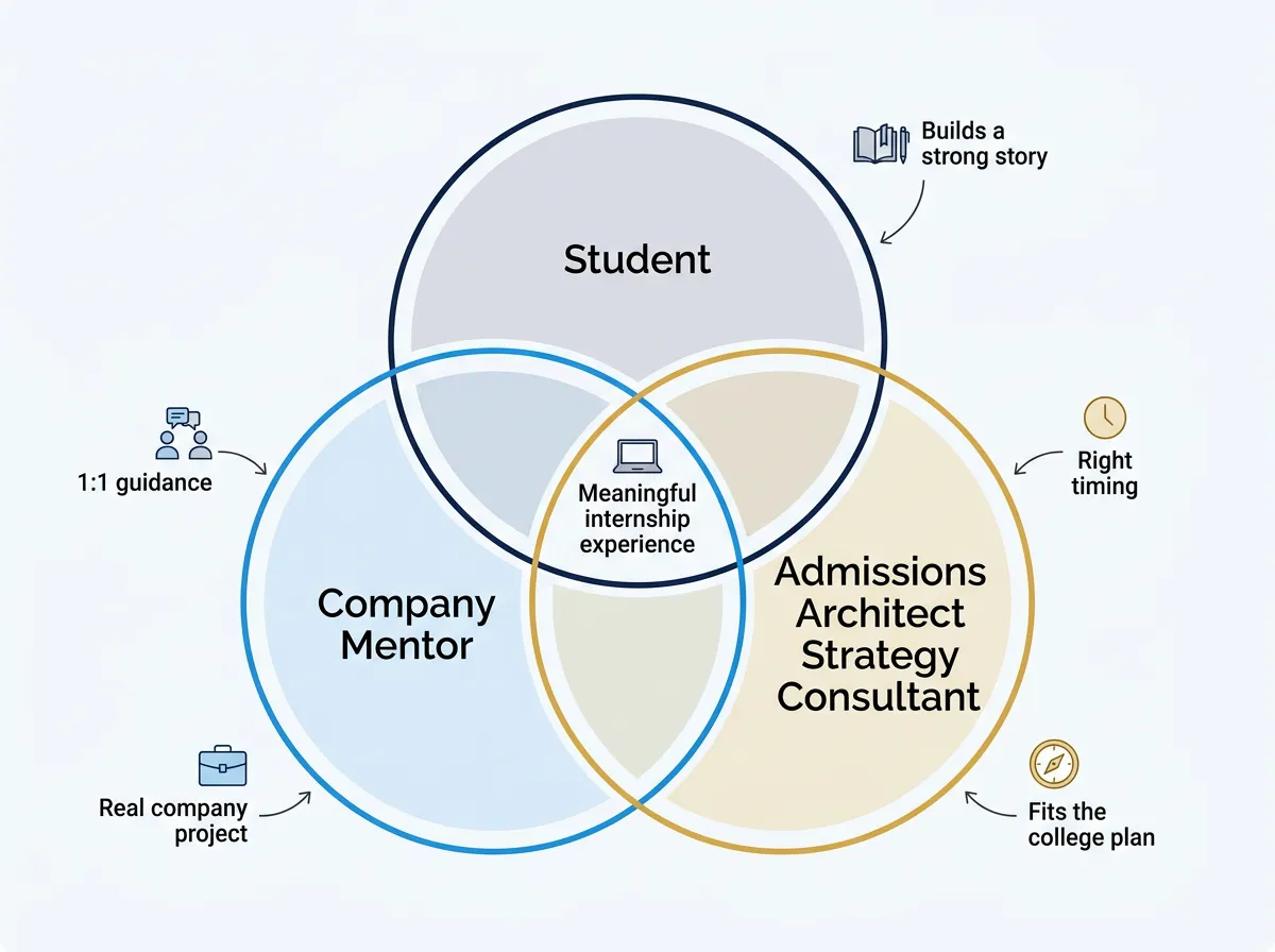Detailed three-circle diagram showing Student, Company Mentor, and Admissions Architect Strategy Consultant with process callouts; brand colors; no logo or watermark