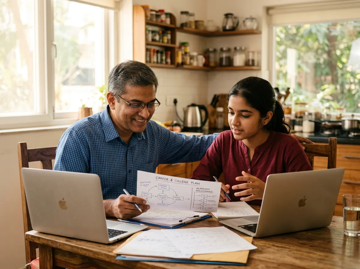 South Asian parent and teen reviewing a plan together at a kitchen table
