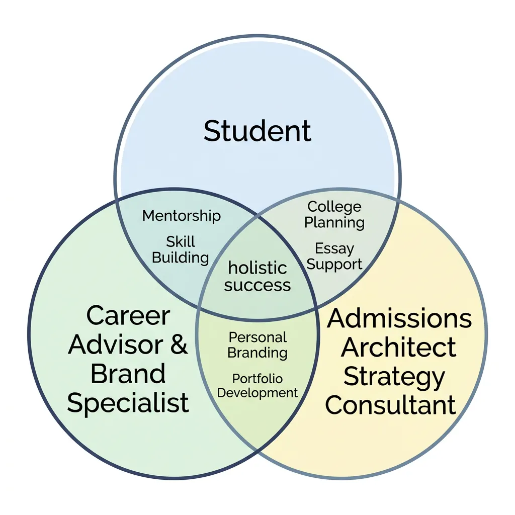 Three-circle relationship diagram: Student, Career Advisor & Brand Specialist, Admissions Architect Strategy Consultant