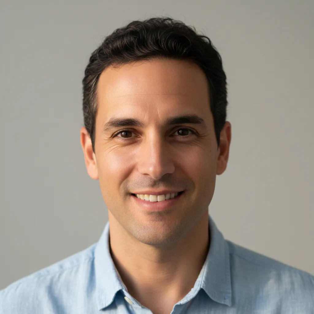 Spanish man head-and-shoulders portrait, friendly, natural lighting, professional