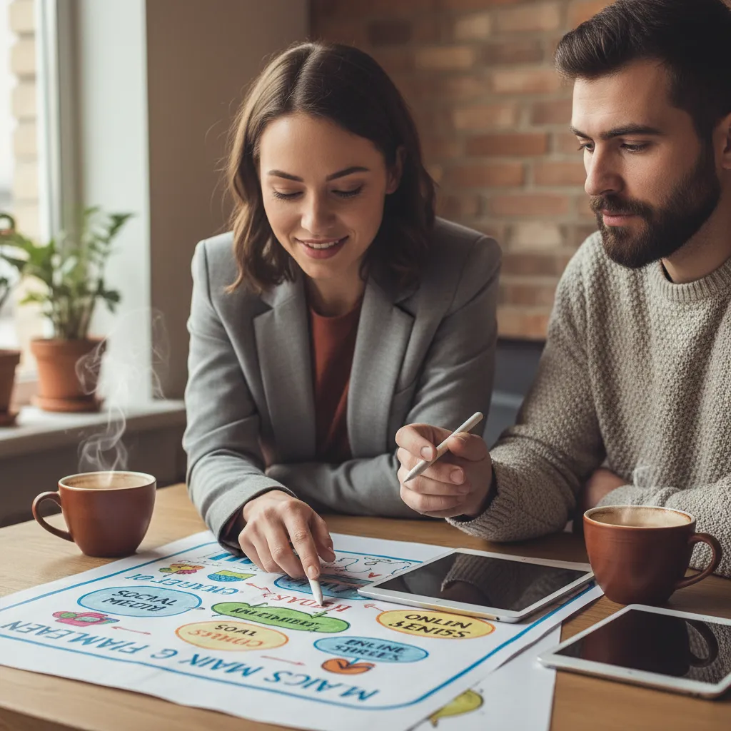 A close-up of a marketing consultant and a small business owner reviewing a colorful, hand-drawn marketing plan on a table, with coffee mugs and digital tablets nearby. The setting is cozy and informal, emphasizing a personal, attentive approach.