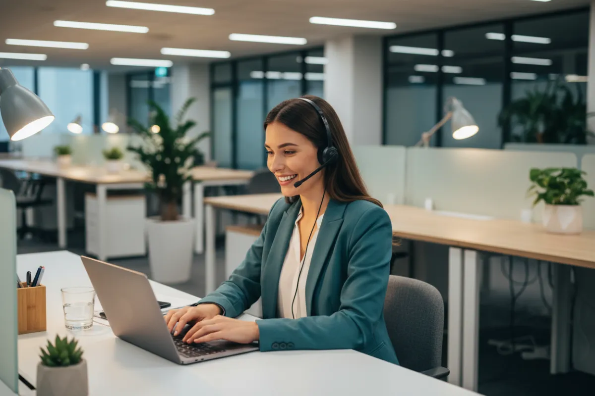 A friendly customer support representative at a desk, wearing a headset, smiling while typing on a laptop. The background shows a modern office with plants and soft lighting, creating a welcoming and professional vibe.