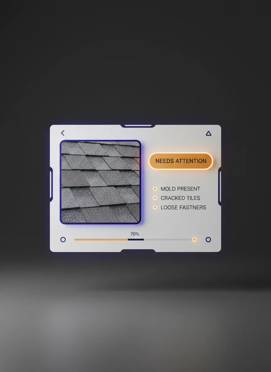 Inspection report widget floating with high-def photos of home conditions
