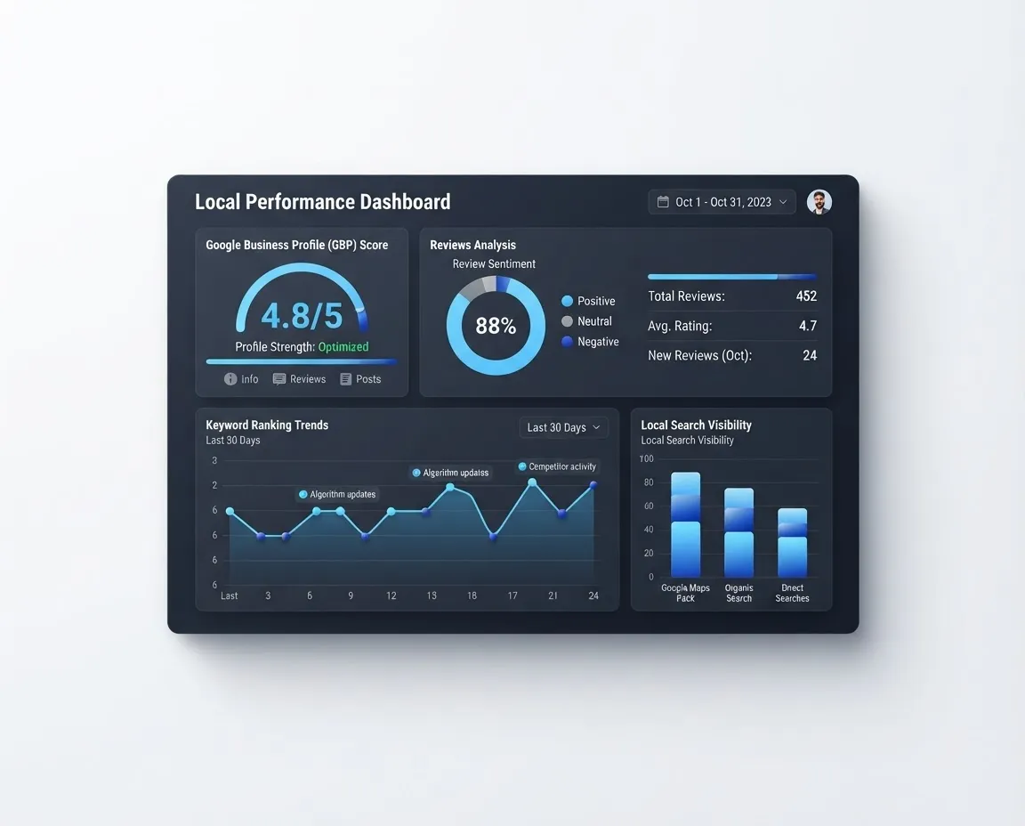 Visual mockup of local marketing report showing Google Business Profile score, reviews analysis, and search ranking dashboard