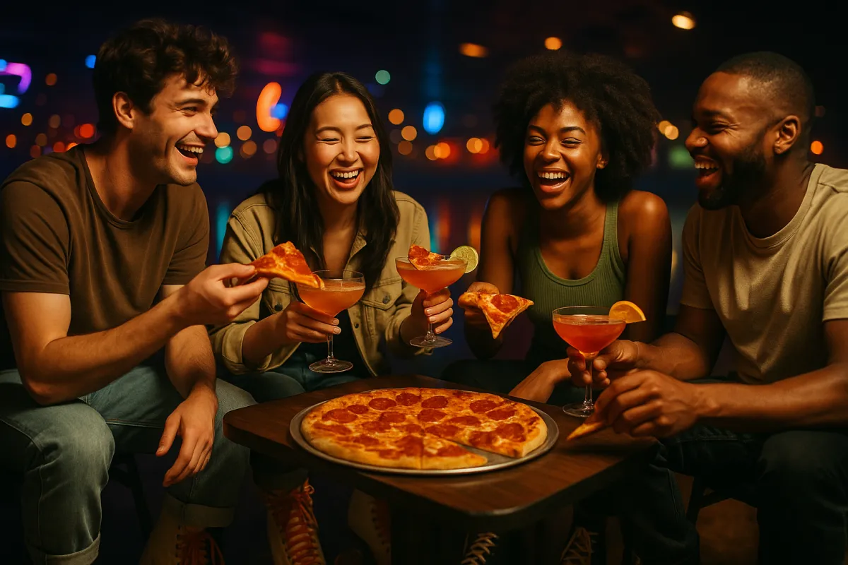 Friends at rink-side table with pizza and cocktails under neon lights