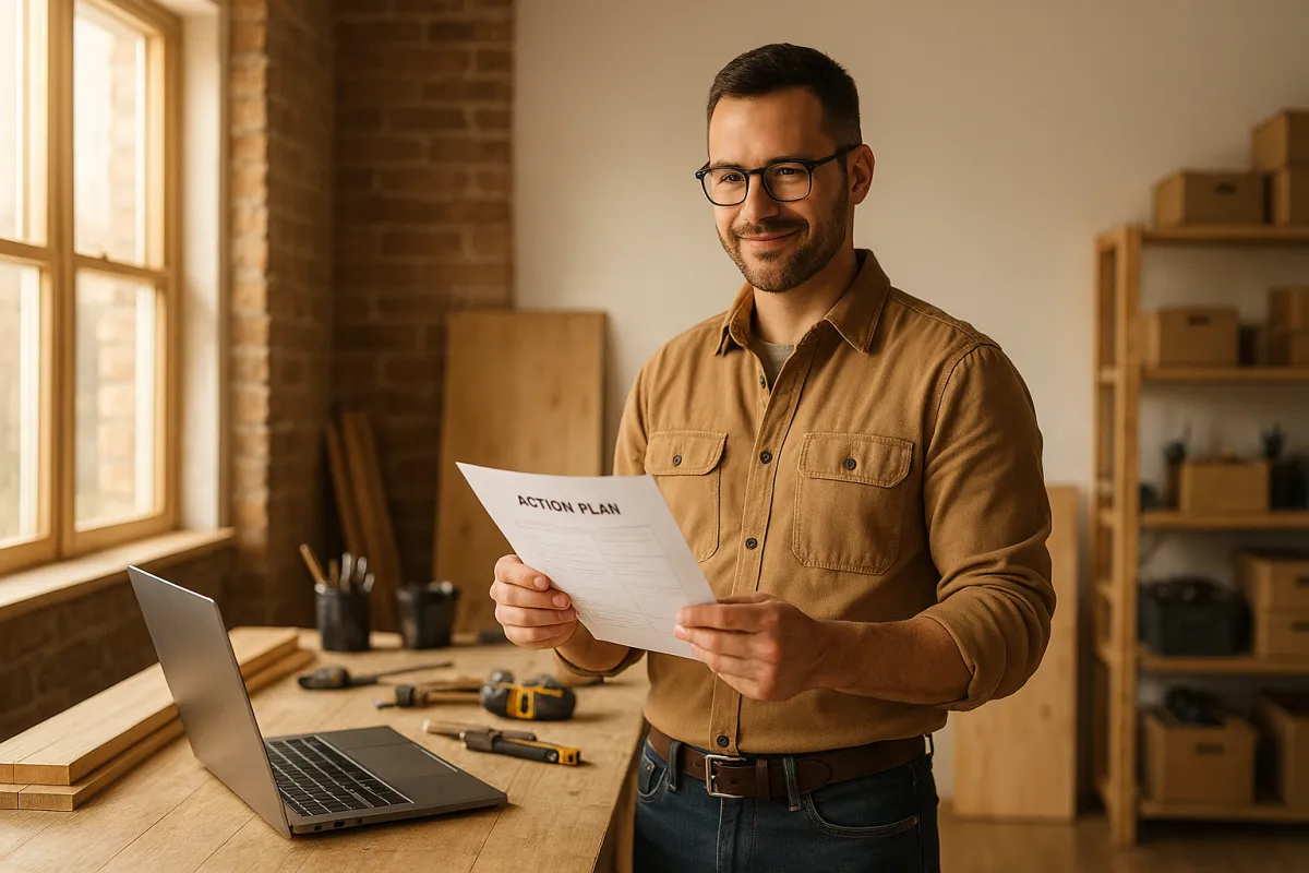 Small service firm owner reviewing a printed action plan in a sunlit studio, optimistic tone.