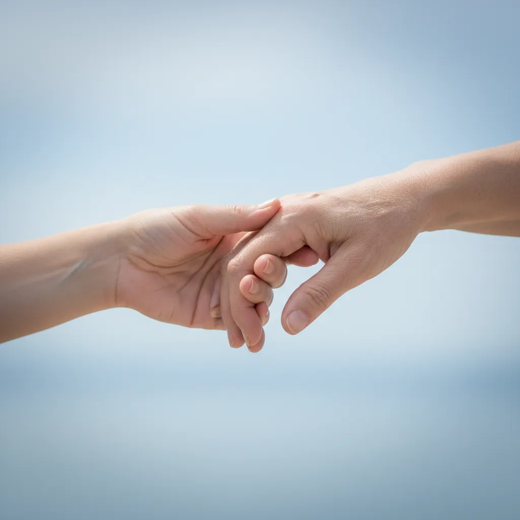 Close-up of two hands, one elderly and one young, gently clasped together on a soft blue background, symbolizing intergenerational support and empathy in dementia care.
