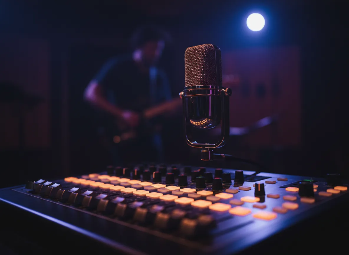 Artist in recording studio producing a musical release