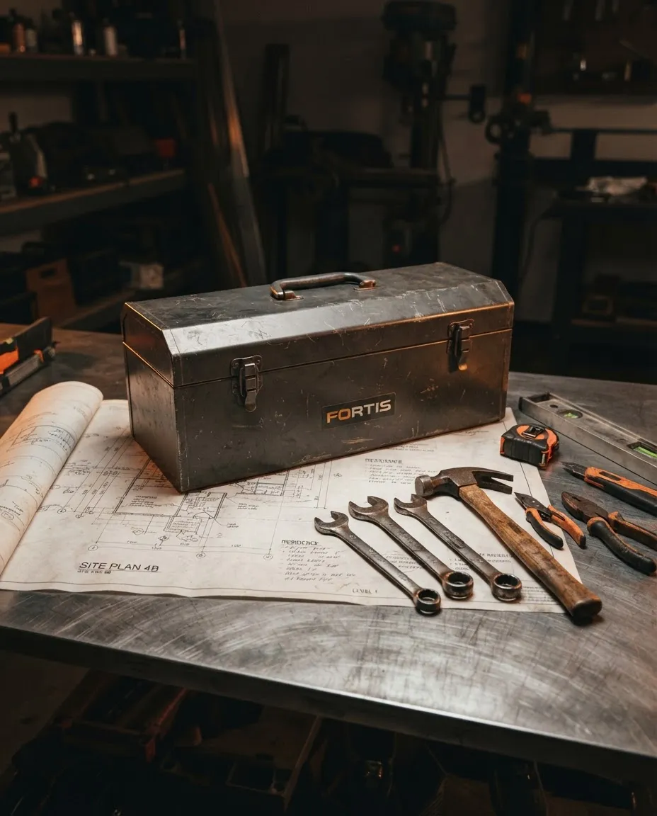 Heavy-duty industrial trade tools and architectural site blueprint on steel workbench