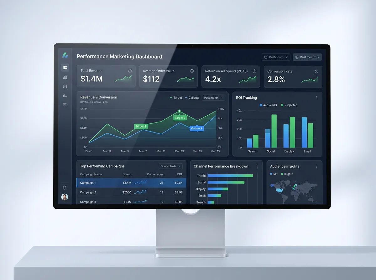 Performance marketing analytics dashboard displaying revenue conversion metrics and ROI tracking