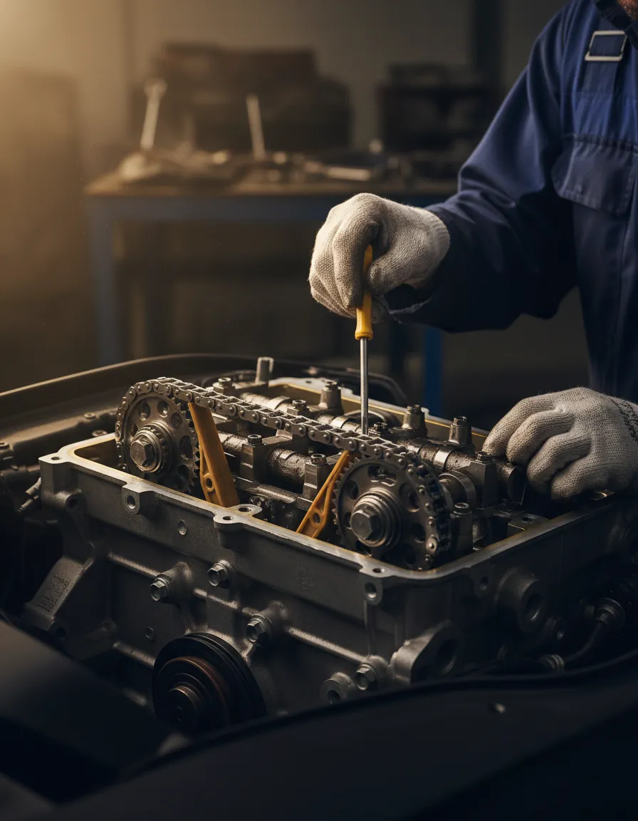 Jaguar and Land Rover timing chain inspection in a modern workshop