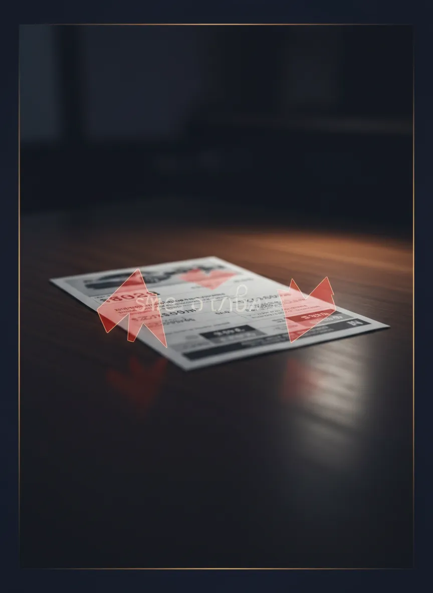 Standard dealer promo flyer with translucent red warning markers exposing hidden costs