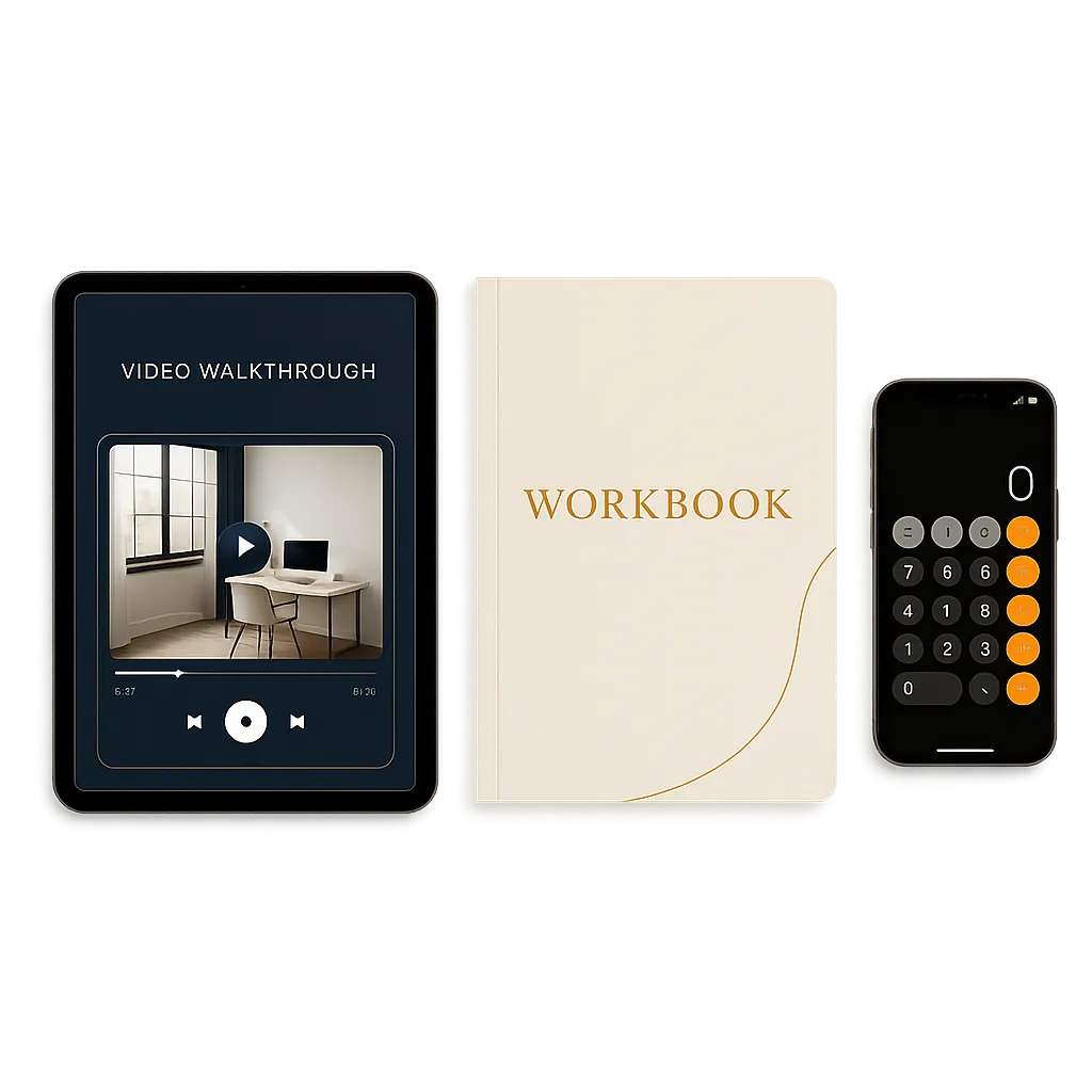 Composite mockup showing Before You Reserve video walkthroughs on tablet, printed workbooks, and calculator screens