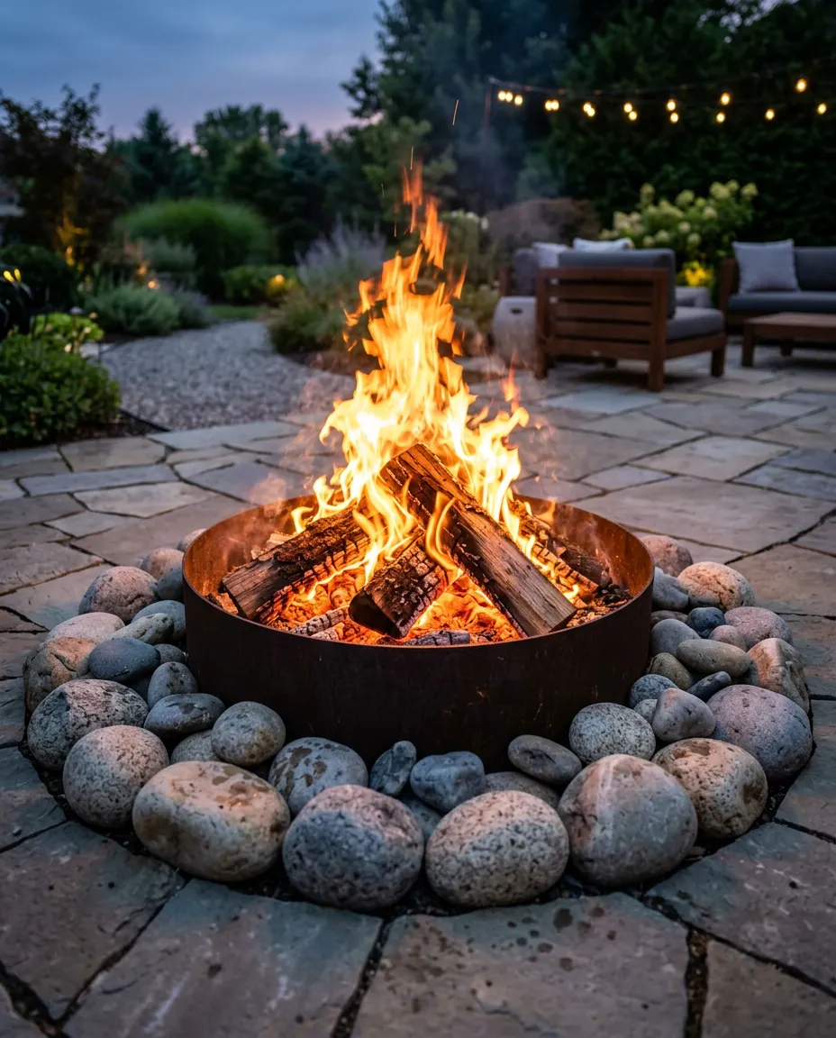 A bright, energetic fire burning brightly in a round fire pit surrounded by large smooth stones.