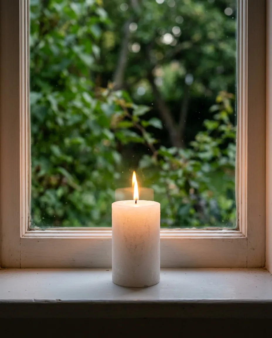 A single lit white pillar candle sitting on a windowsill, casting a warm glow, with blurred greenery and branches in the background.
