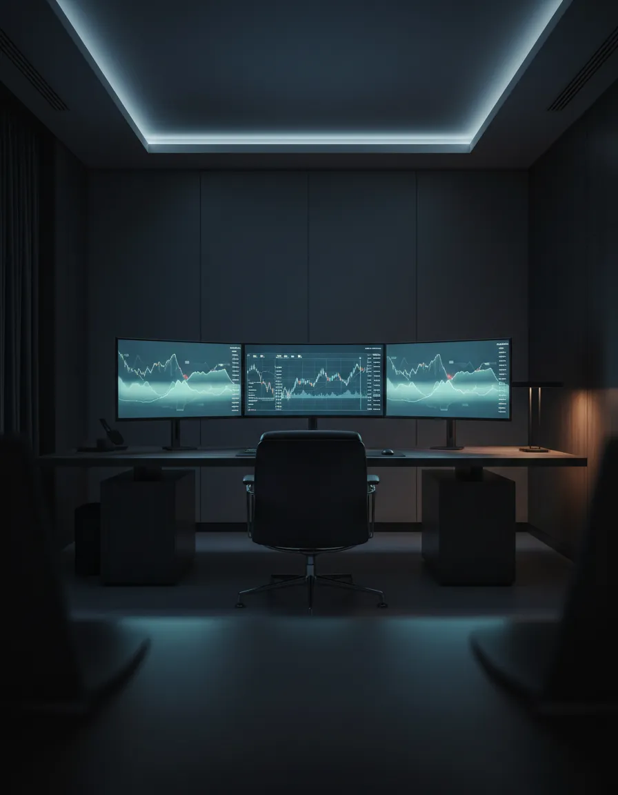 Professional trader workstation with charts in a dark, premium setting