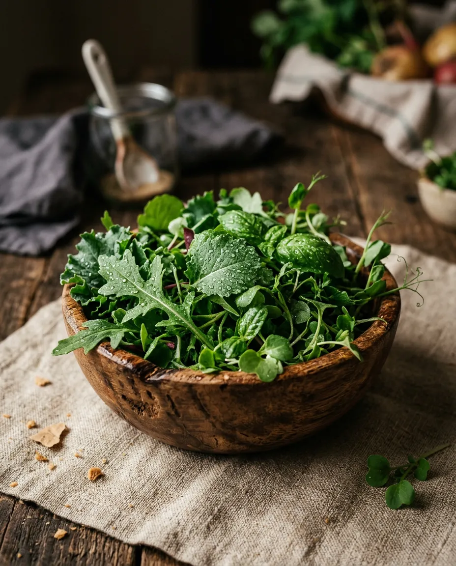Freshly harvested vibrant nutrient-dense microgreens arranged in a clean rustic kitchen