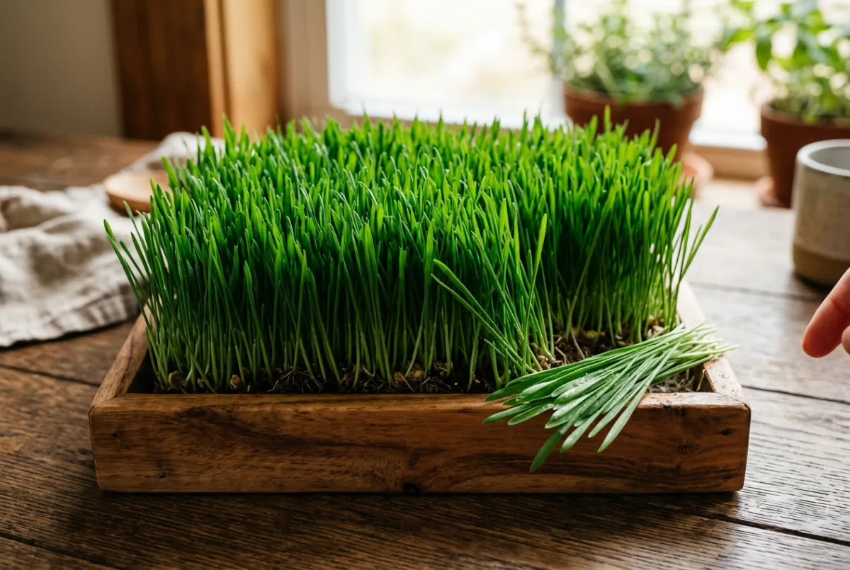 Living Sweet Wheatgrass in wooden tray