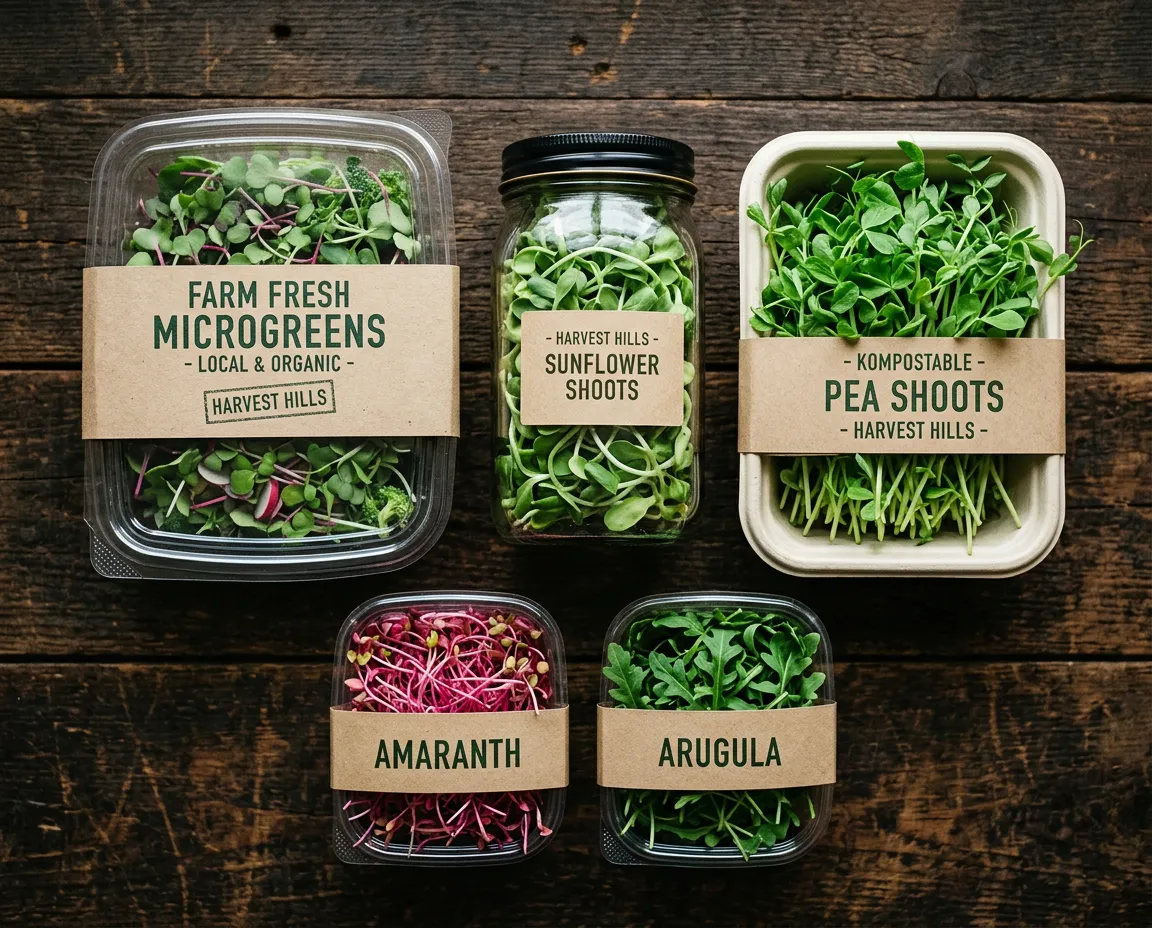 Rustic farm-style sustainable packaging for Bleau Valley Microgreens including compostable plant-based clamshells and reusable glass jars