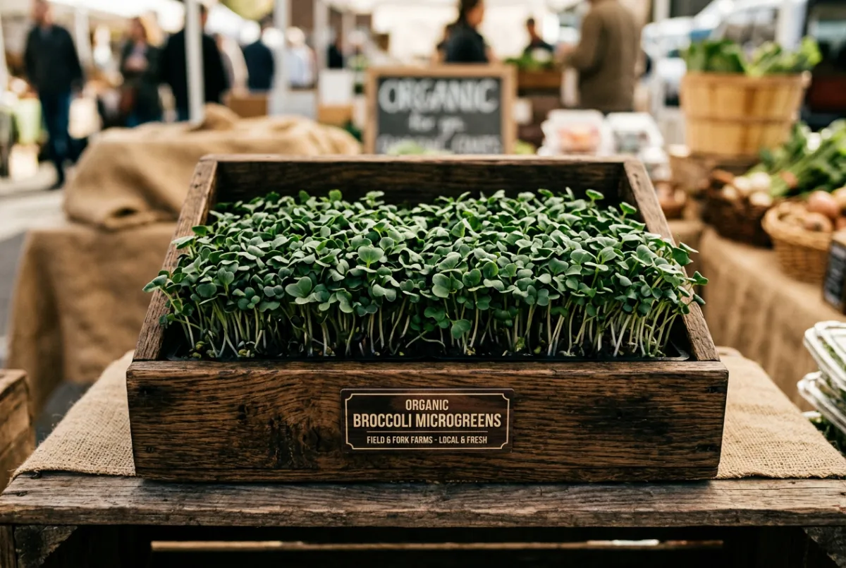 Organic Broccoli Microgreens in a rustic wooden crate